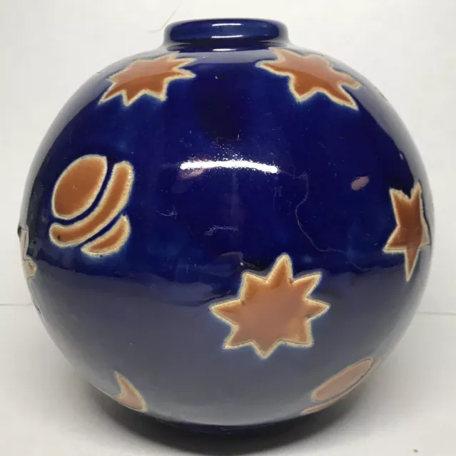 Beau Vase Boule Vintage Émaillé De Bleu Et D'étoiles Non Signé H 18,5 D 19 Cm