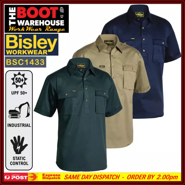 BISLEY Mens Short Sleeve Work Shirt BSC1433 Cotton Drill Closed Front. Big Sizes