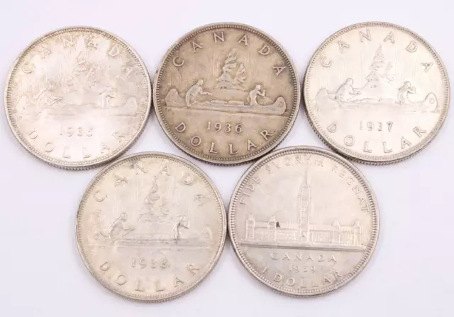 Canadas First Five silver dollars 1935 1936 1937 1838 1939 5-coins VF or better