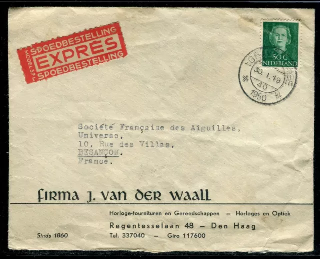 Pays Bas - Enveloppe commerciale en Exprès de Gravenhage pour la France en 1950