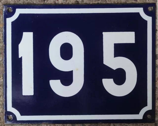 Large old blue French house number 195 door gate plate plaque enamel sign NOS