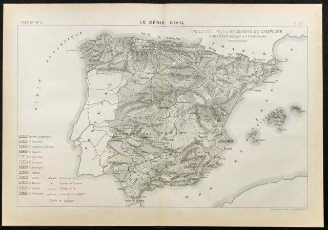 1884 - Carte géologique et minière de l'Espagne - Carte géographique ancienne