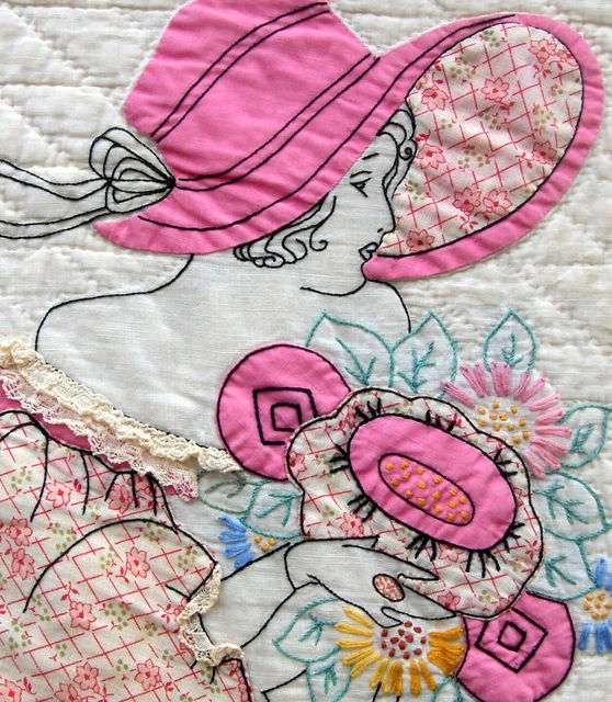 De Colección Años 30 Victoriana Dama en Flor Sombrero Bordado Edredón Cosido a Mano Nueve Parches