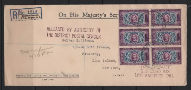 New Zealand-1943 Registered Official Cover to USA w block 6 Centennial (048B-13)