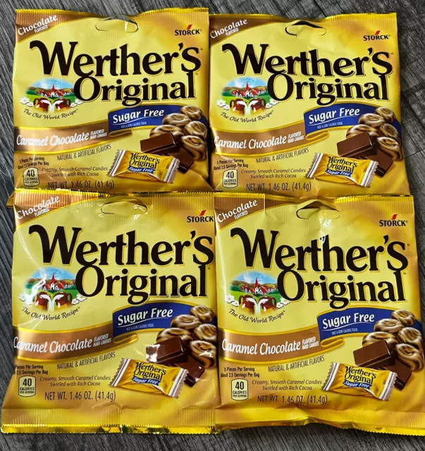 WERTHERS ORIGINAL SUGAR Free Caramel Chocolate Hard Candy 4 Bags BB 09/