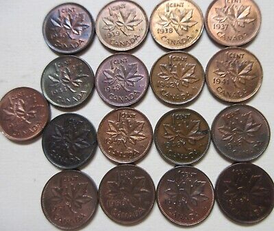 Complete Set of Canada Small Cents EF+ to AU+ Coins (1937 -1952). Pennies (LC03