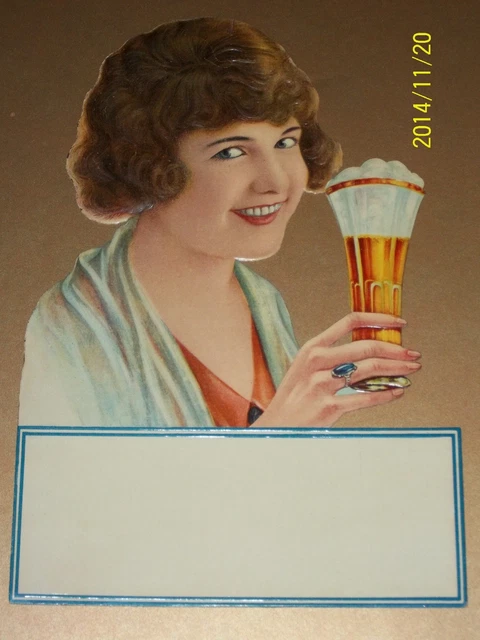 BEER GIRL Die Cut CALENDAR ART 1915 NOS ICE CREAM,Soda Fountain Glass Ginger Ale