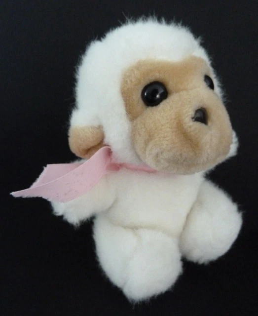 B6. DOUDOU PELUCHE SINGE Blanc beige noeud au cou rose 14cm assis EXCELLENT ETAT