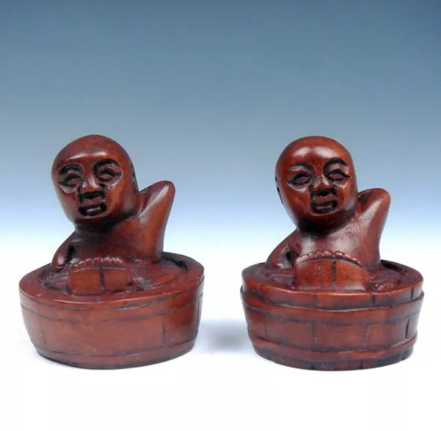 2 Japanese Solid Boxwood Hand Carved Netsuke Boy Bathing In Tub