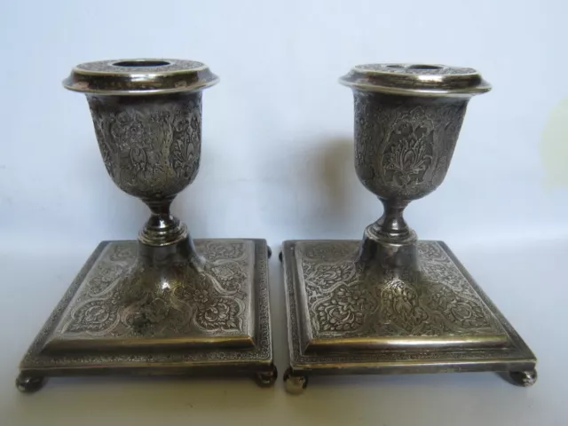 Pair Antique Hand Chased Islamic Persian Ottoman Silver Isfahan Candle Holder