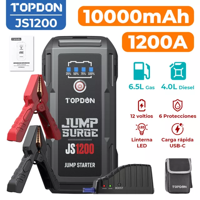 TOPDON JS1200 1200A 12V Arrancador de batería automático PowerBank 6.5L&4.0L