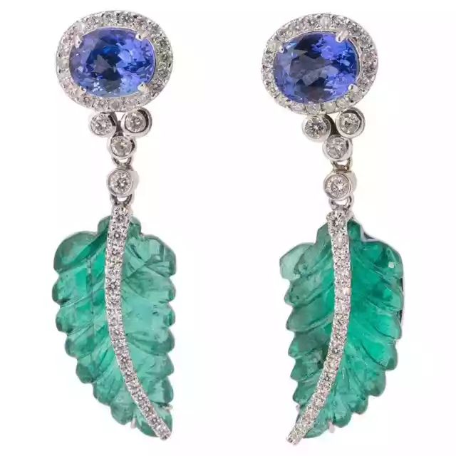 Art Deco 25.80 CT Green Emerald & Blue Sapphire White CZ Awesome Dangle Earrings