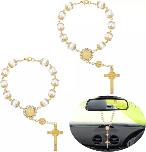 Cobee Car Rosary for Rearview Mirror, 2 Pieces Car Mirror Hanging Cross Auto Car