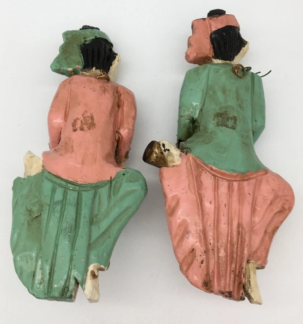 Set of 2  10 inch Burmese Painted Hand-Carved Wooden Temple Musician Figurines 4