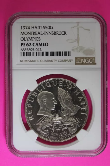 1974 PF 62 Cameo Haiti 50 Gourdes Montreal Olympics .925 Silver Coin NGC OCE 32