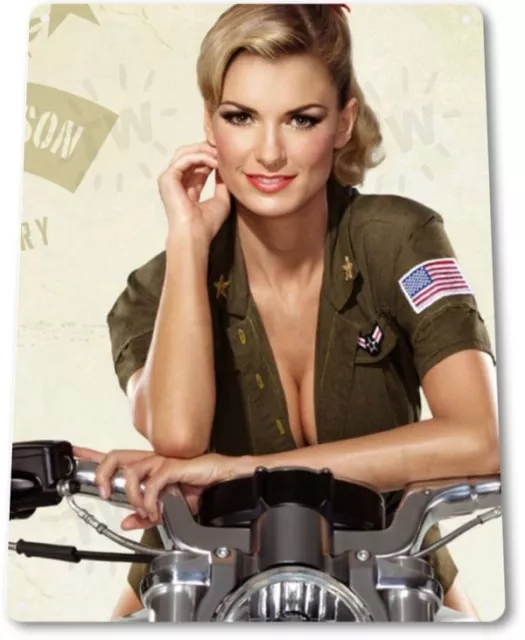 Hot Rider Pinup Girl Sexy Combat Military Man Cave Gun Wall Decor Metal Tin Sign