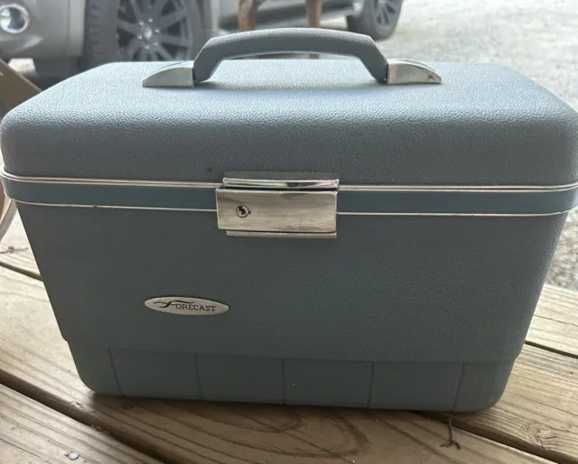 Vintage Sears Forecast Blue Train Travel Makeup Case Luggage Mid Century Bag