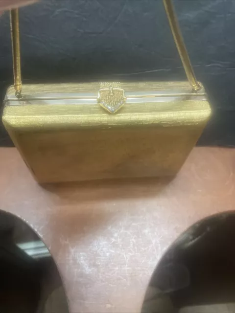 rare volupte gold tone art deco evening bag clutch purse w/box