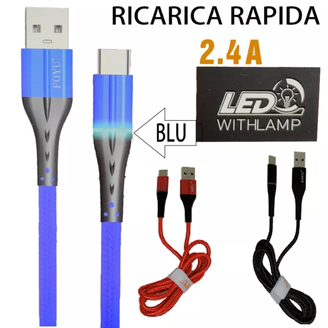 ✅ CAVO LED USB Caricatore Type C RICARICA RAPIDA Samsung Huawei Xiaomi MOTOROLA