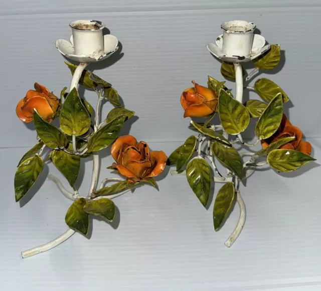 2 Vintage 7.5" Italian Tole Ware Metal Candle Holders Orange Flowers