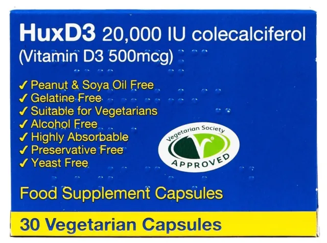Hux Vitamin D3 Colecalciferol 20000iu Vitamin Vegetarische Hux-Kapseln, koscher.