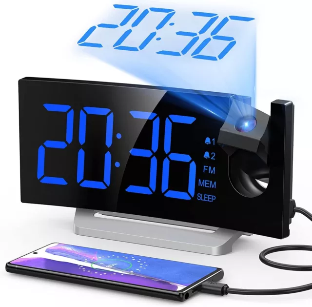 Despertador Digital Radio Reloj Fm Proyector 180º Alarma Dual Cargador Usb