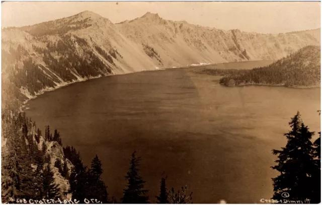 Aerial View of Crater Lake & Mountains Oregon OR 1927 RPPC Postcard Photo