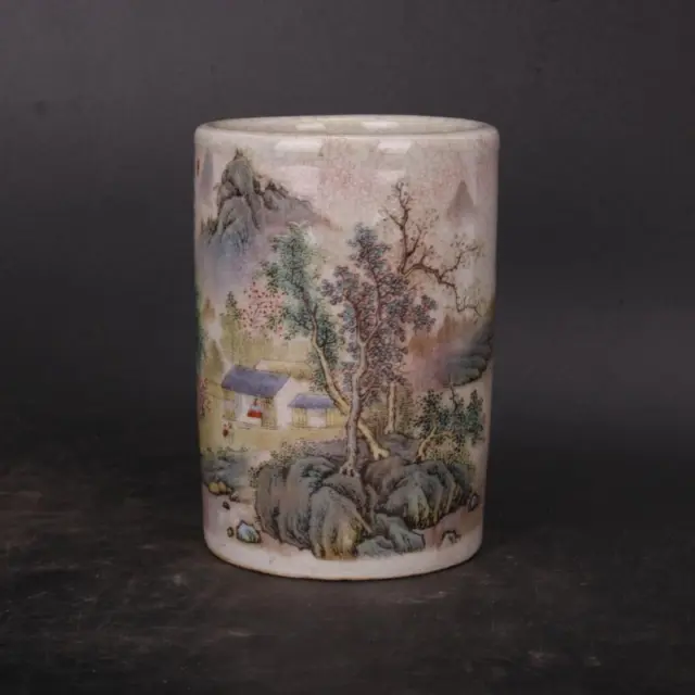 China Porcelain Qing Qianlong Famille Rose Landscape Personage Brush Pots 4.33''