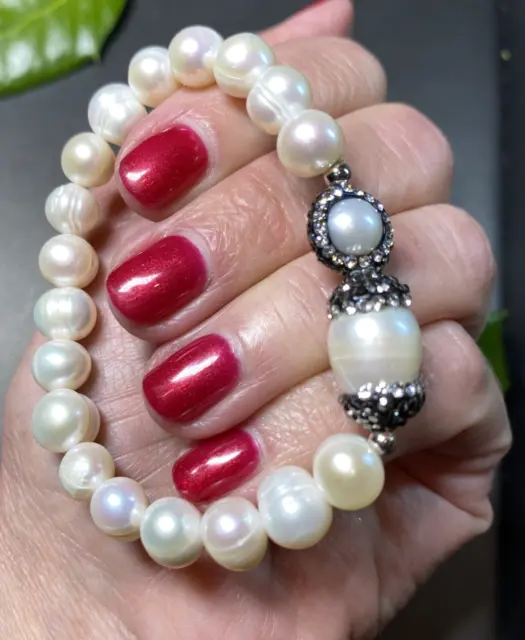 Mermaid-Core Vintage Genuine Baroque Pearl Black Clear Crystal Stretch Bracelet