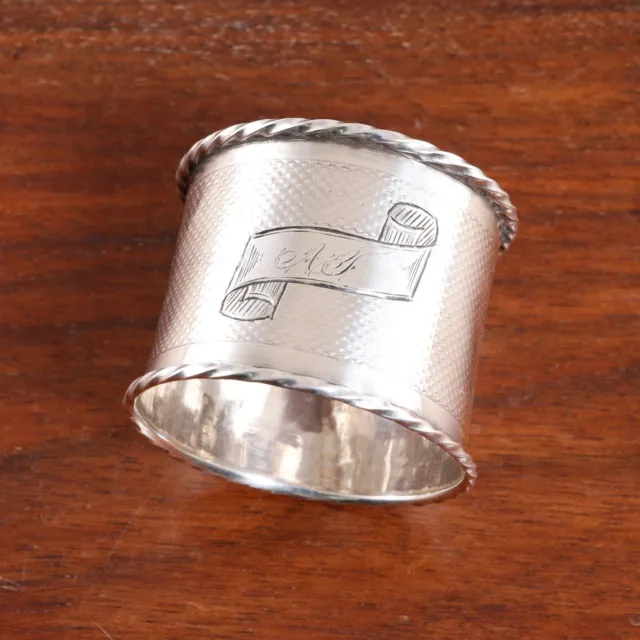 American Coin Silver Napkin Ring Engine Turned, Applied Rope Rims Monogram Af