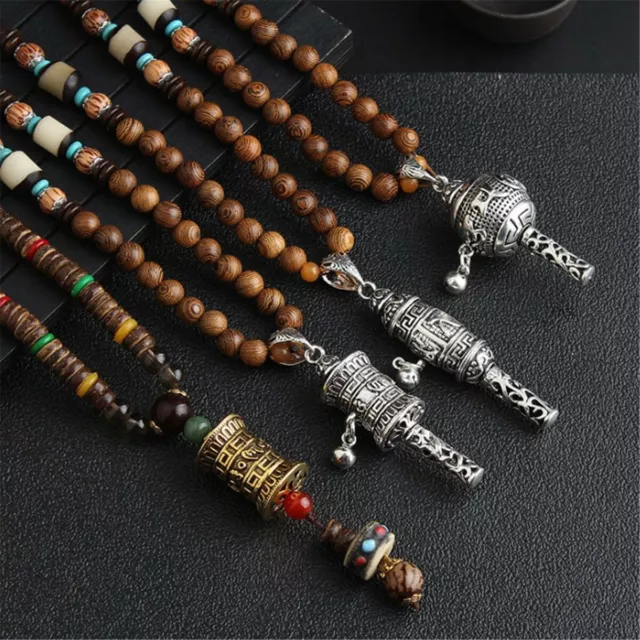 Retro Elegant Ethnic Nepali Wooden Bead Pendant Necklace Long Chain Boho Jewelry 2
