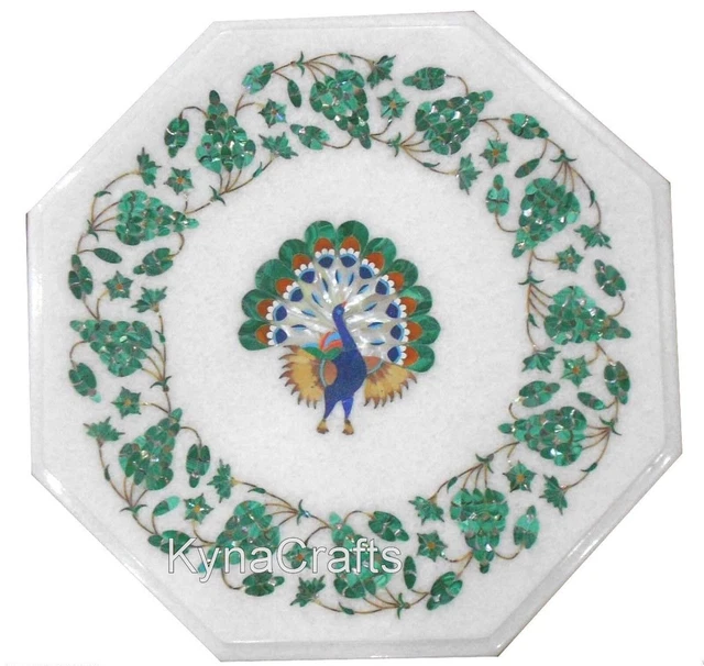 14 Inches Octagon Marble Coffee Table Top Peacock Pattern Inlay Work Side Table