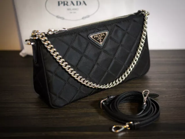 Prada Bandoliera Tessuto Nylon Soft Calf Trim Black Crossbody Bag 1BH046