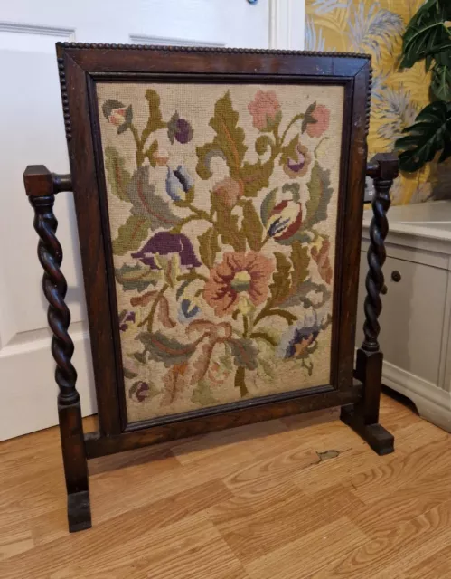 Vintage Embroidered Fire Screen Guard Tapestry Solid Oak Frame - Barley Twist 2