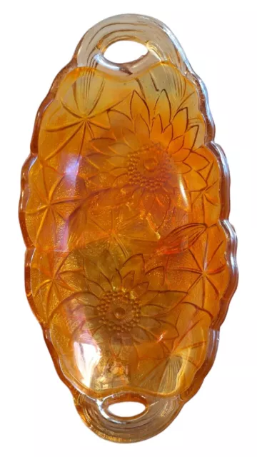 Indiana Carnival Glass Handled Sunflower  Oval Dish Marigold Amber Orange Bowl 3