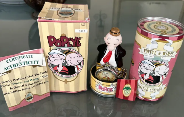 Vintage 1997 Fossil Popeye & Wimpy Limited Edition Pocket Watch And Figurine NOS