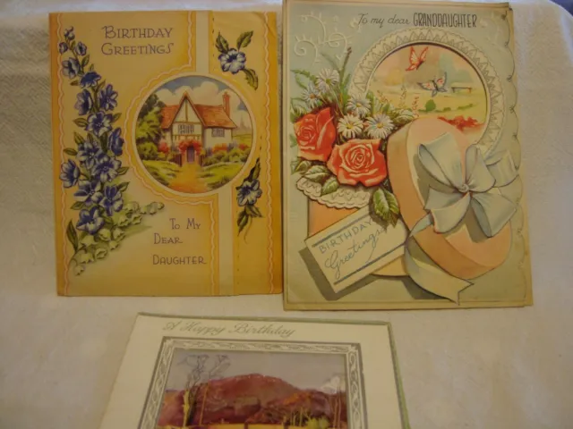 3 Vintage Birthday/Greetings Cards Female Relatives Mix Scenes Flowers Cottage