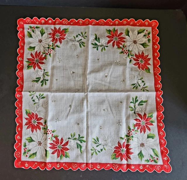 VTG Christmas Handkerchief Hankie Doily Pointsettias Ornaments Starbursts Bows