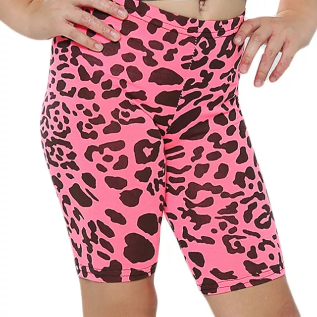 Kids Girls Cycling Shorts Leopard Print Neon Pink Summer Short Knee Length Pants