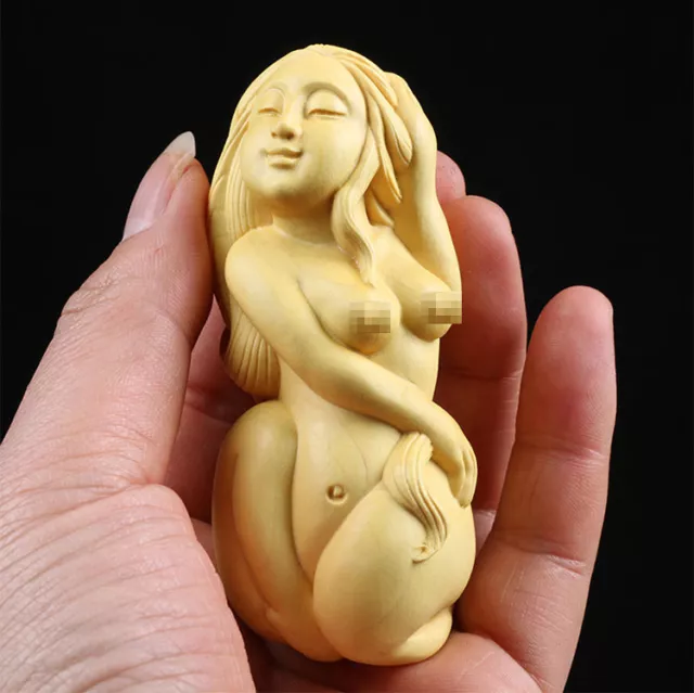 Chinese Boxwood Handmade Carved Sexy beautiful girl Figure Statue Hand piece