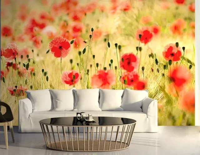 183x254cm Floral Papel Pintado Mural Dormitorio & Cuarto de Estar Amapolas Rojas