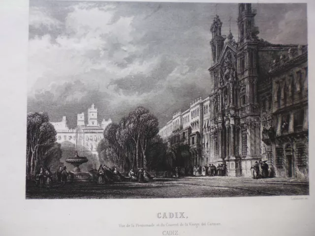 *19° engraving:Spain: Cadiz: view of the Promenade de la Virge del Carmen