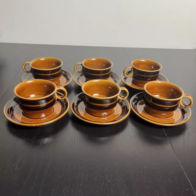 Vintage Hoganas Keramik Stoneware Set of 6 Coffee/Tea Mugs Saucers Brown MCM 2