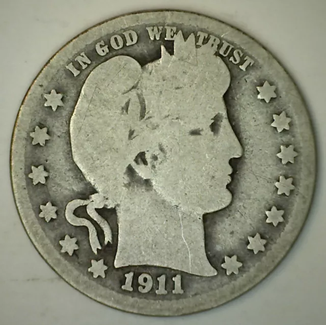 1911 D Silver Barber Quarter AG Twenty-Five Cent US Type Coin Almost Good 25c