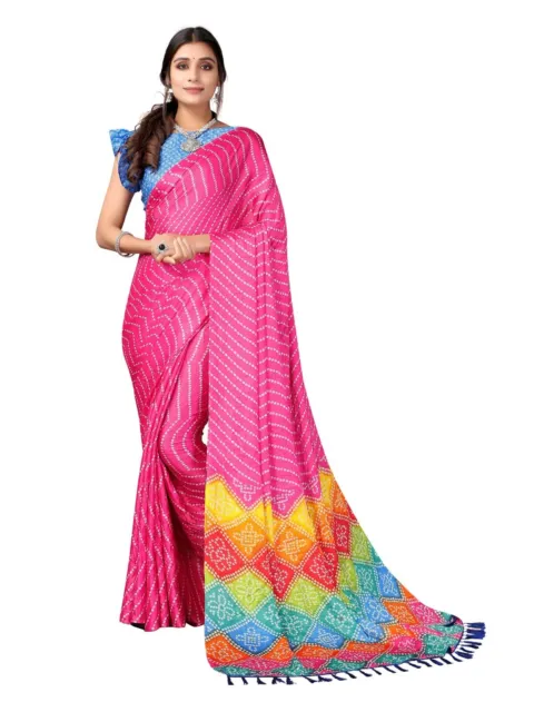 Women's Pink Tassel & Bandhani Printed Silk Saree with Unstitched Blouse MT998