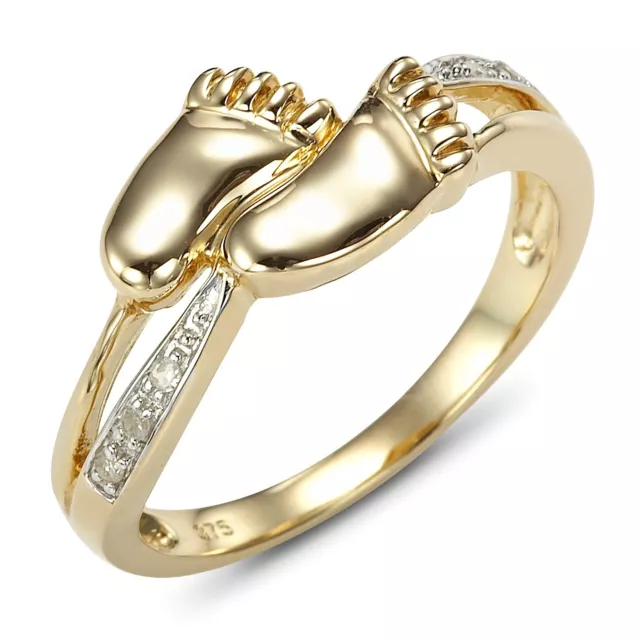 Natural Baby Feet Real Diamond 9ct 9K 375 Solid Yellow Gold Ring