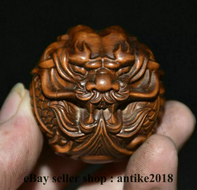 1.8" Rare Old Chinese Boxwood Hand Carving Dragon Head Beast Ball Sculpture