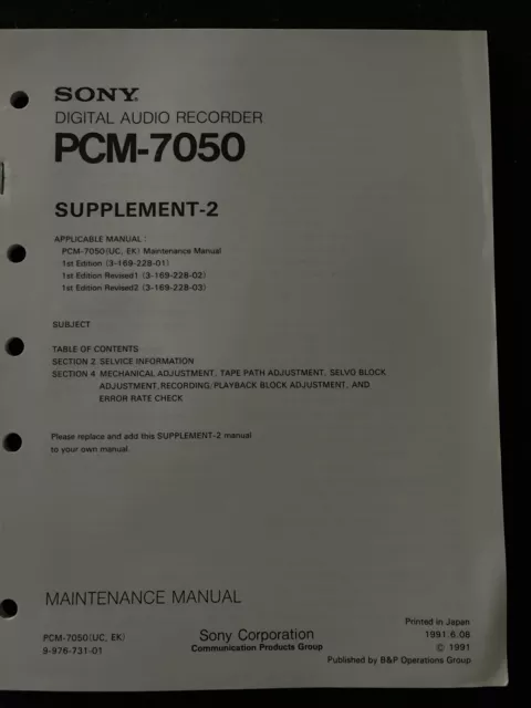 SONY PCM-7050 DAT-Recorder Supplement 2 MANUAL Handbuch für Service