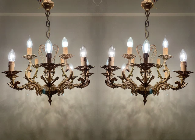Pair Of Antique/Vintage French Brass Chandeliers with12 Arms Chandeliers 1960's