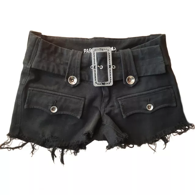Y2K Parasuco Low Rise Black Denim Belted Shorts Size 28 Distressed Grunge Goth